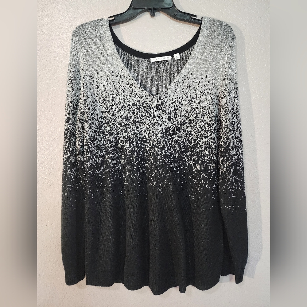 Notations Women's Black Metallic Silver Ombre Knit Long Sleeve Sweater L